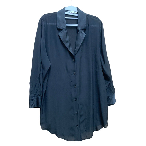 ZARA Womans Sheer Black Long Sleeved Button Down Blouse Satin Cuffs & Collar MED - Picture 1 of 10